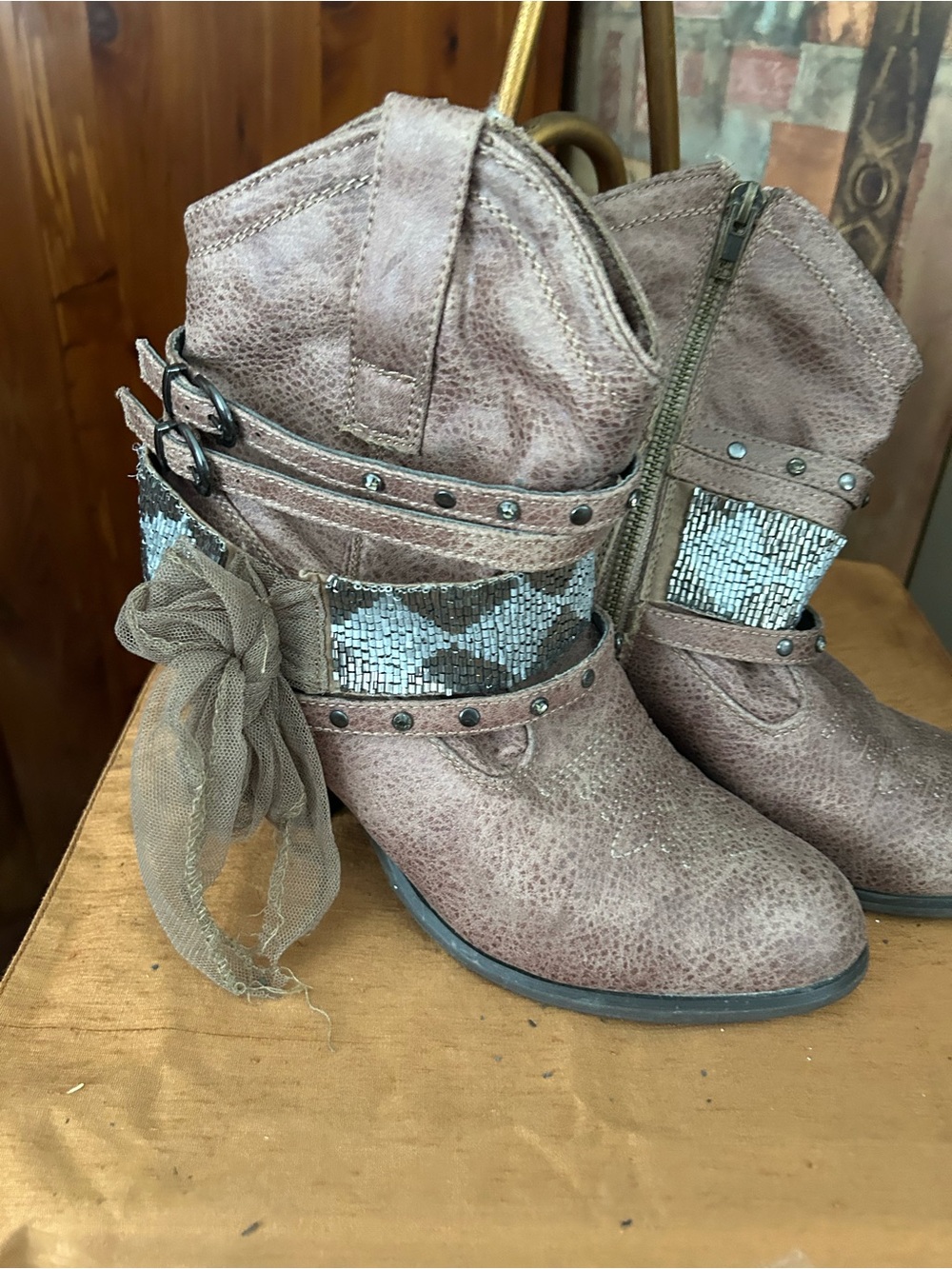 Women's Distressed Taupe Ankle Boots with Sequin Accent
